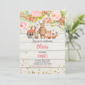 Roze Sweet Rustic Woodland Animal 1e verjaardag Kaart (Staand voorkant)