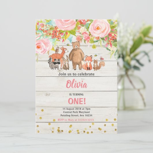Roze Sweet Rustic Woodland Animal 1e verjaardag Kaart (Staand voorkant)