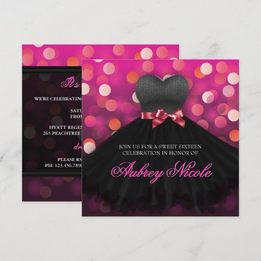 Roze Sweet Sixteen Black Dress Birthday Uitnodigin Kaart (Voorkant / Achterkant)