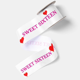 Roze Sweet Sixteen Rode Harten 3" Satijnen Lint
