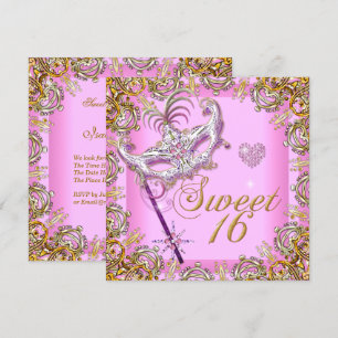 Roze Sweet Sixteen Sweet 16 Masquerade Goud Kaart