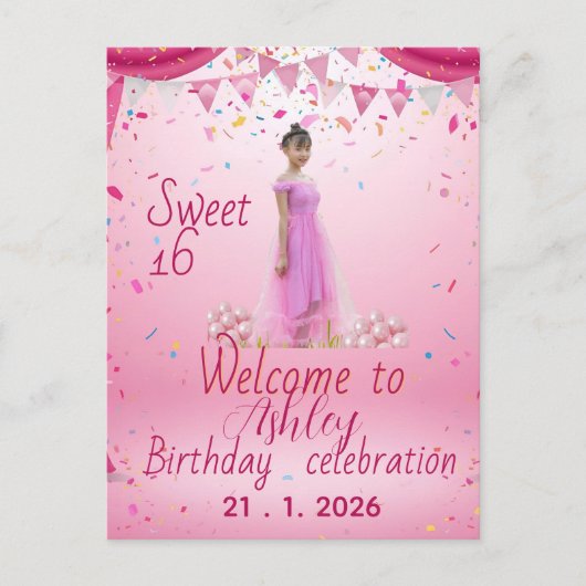 Roze Sweet Sixteen Welkom Bord, Foto  Uitnodiging Briefkaart (Voorkant)