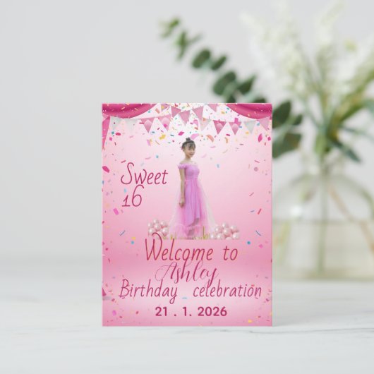 Roze Sweet Sixteen Welkom Bord, Foto  Uitnodiging Briefkaart (Staand voorkant)