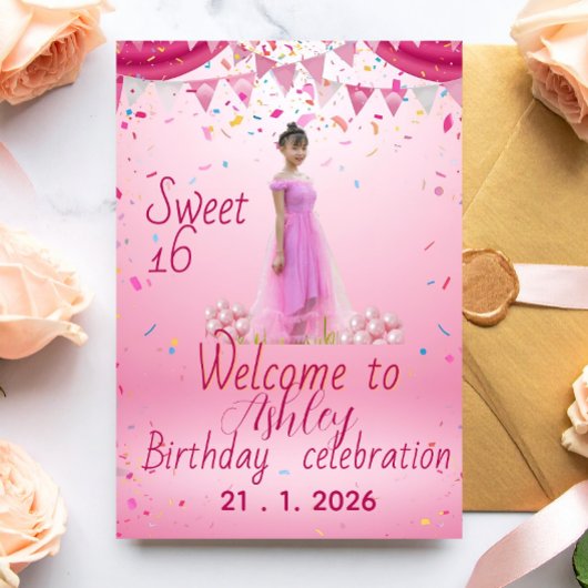 Roze Sweet Sixteen Welkom Bord, Foto Uitnodiging Briefkaart