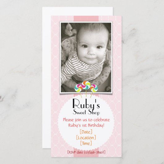 Roze - Sweet - Winkel Lollipop - Uitnodiging op fe (Voorkant / Achterkant)