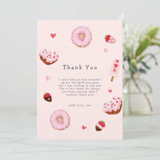 Roze Sweetheart Donuts Valentijns Baby shower Bedankkaart (Staand voorkant)