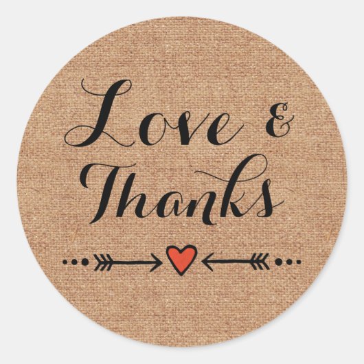 Roze Sweethearts & Arrows Burlap Liefde & Bedankt Ronde Sticker (Voorkant)