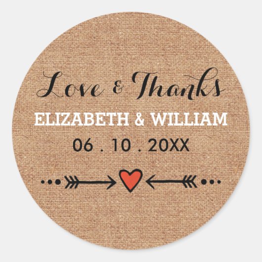 Roze Sweethearts & Arrows Burlap Liefde en Bedankt Ronde Sticker (Voorkant)