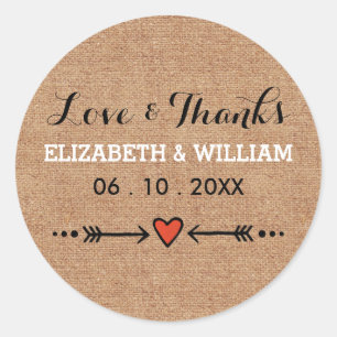 Roze Sweethearts & Arrows Burlap Liefde en Bedankt Ronde Sticker