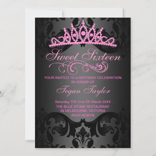 Roze Swirl Damask Sweet16 Verjaardag Uitnodigen Kaart (Achterkant)