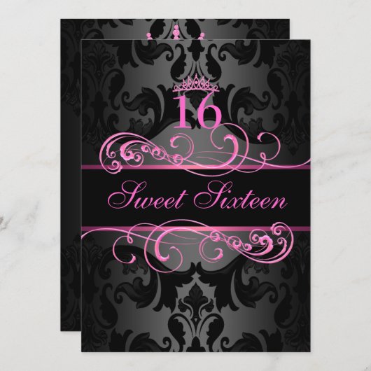 Roze Swirl Damask Sweet16 Verjaardag Uitnodigen Kaart (Voorkant / Achterkant)