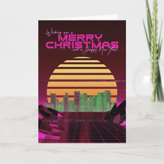 Roze Synthwave Kerstkaart Feestdagen Kaart (Voorkant)