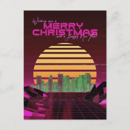 Roze Synthwave Kerstmis Feestdagenkaart