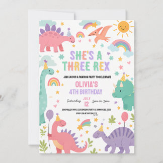 Roze T-Rex 3e verjaardagsfeestje Kaart
