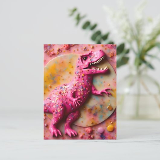 Roze T-Rex Briefkaart (Staand voorkant)