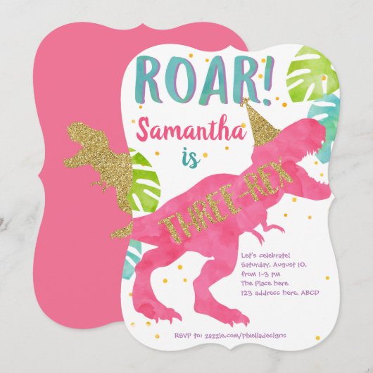 Roze, T-rex, Dinosaur, Girl, 3e verjaardag Kaart (Voorkant / Achterkant)