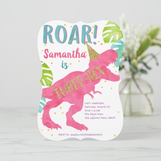 Roze, T-rex, Dinosaur, Girl, 3e verjaardag Kaart (Staand voorkant)