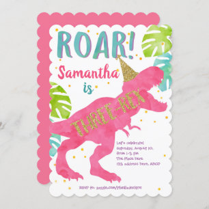 Roze, T-rex, Dinosaur, Girl, 3e verjaardag Kaart