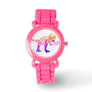 Roze t-rex dinosaurus met tennis-racket horloge