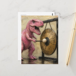 Roze T-Rex slaat op een Gong Briefkaart