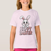 Roze T-shirt Gelukkig Pasen Witte Konijn (Voorkant)