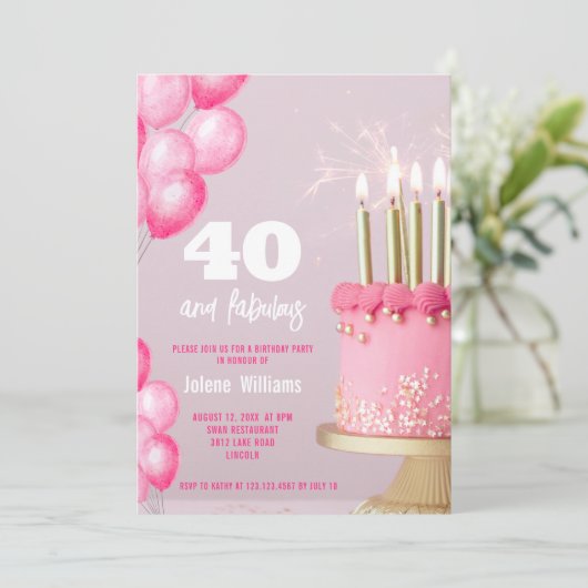 Roze taart ballonnen moderne 40e verjaardag kaart (Staand voorkant)