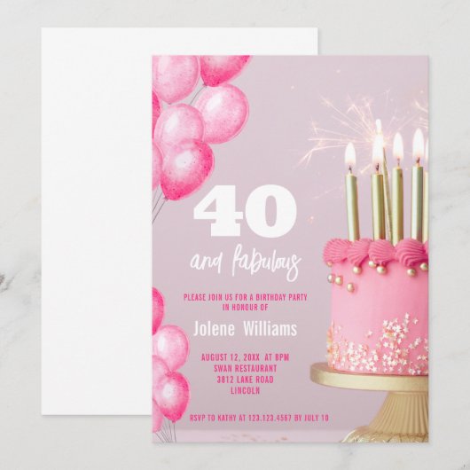 Roze taart ballonnen moderne 40e verjaardag kaart (Voorkant / Achterkant)