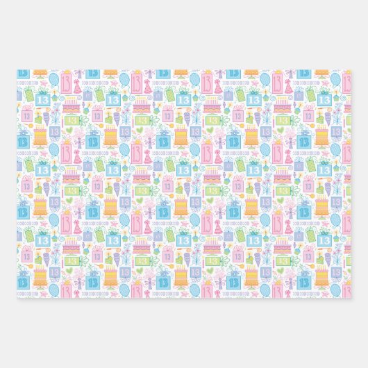 Roze Taart Cadeaus Ballonnen 13e Verjaardag Inpakpapier Vel (Voorkant)