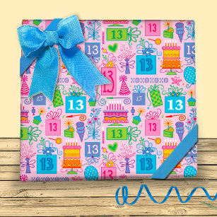 Roze Taart Cadeaus Ballonnen 13e Verjaardag Inpakpapier Vel