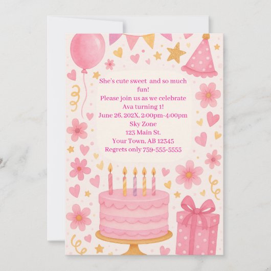 Roze taart, Cadeaus, ballonnen, Pet meisjes verjaa Kaart (Voorkant)