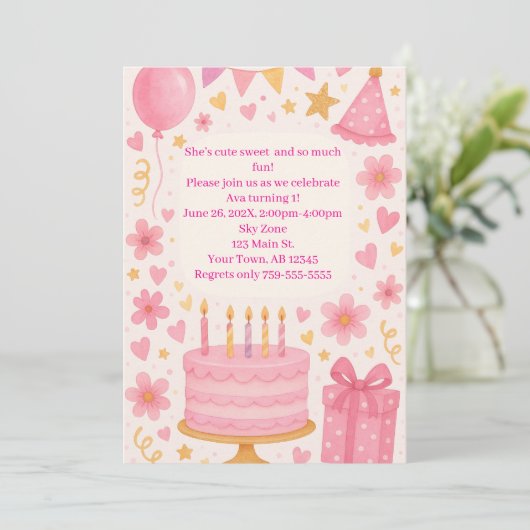 Roze taart, Cadeaus, ballonnen, Pet meisjes verjaa Kaart (Staand voorkant)