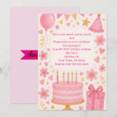 Roze taart, Cadeaus, ballonnen, Pet meisjes verjaa Kaart (Voorkant / Achterkant)