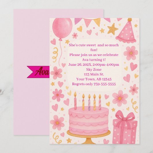 Roze taart, Cadeaus, ballonnen, Pet meisjes verjaa Kaart (Voorkant / Achterkant)