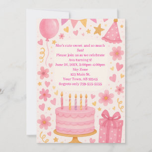 Roze taart, Cadeaus, ballonnen, Pet meisjes verjaa Kaart
