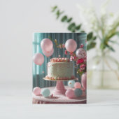 Roze Taart En Ballonnen Briefkaart (Staand voorkant)