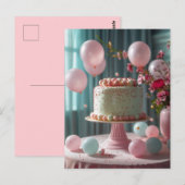 Roze Taart En Ballonnen Briefkaart (Voorkant / Achterkant)