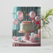 Roze Taart En Ballonnen Kaart (Staand voorkant)
