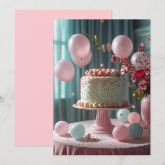 Roze Taart En Ballonnen Kaart (Voorkant / Achterkant)
