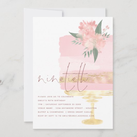 Roze Taart Negentigste Verjaardagsfeestuitnodiging Kaart (Voorkant)
