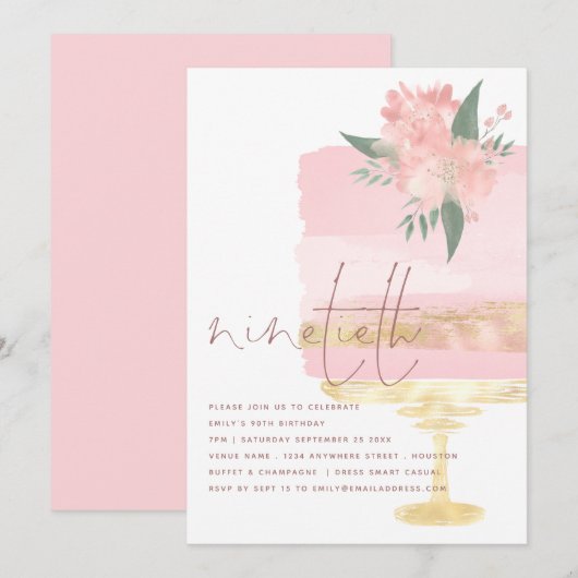 Roze Taart Negentigste Verjaardagsfeestuitnodiging Kaart (Voorkant / Achterkant)