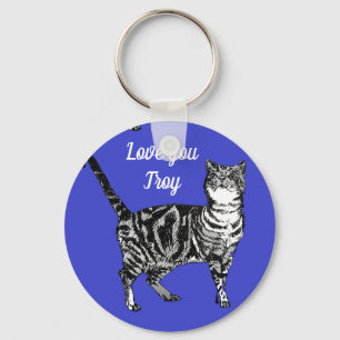 Roze Tabby Cat Cats Navy Blue Mans Name Key Ring Sleutelhanger