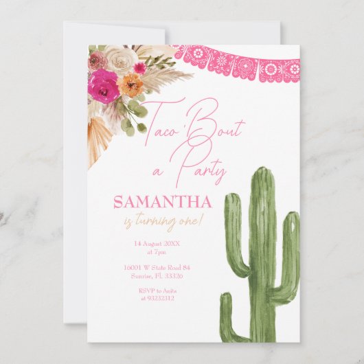 Roze Taco Cactus eerste verjaardag uitnodiging (Voorkant)
