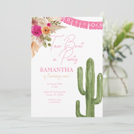 Roze Taco Cactus eerste verjaardag uitnodiging (Staand voorkant)
