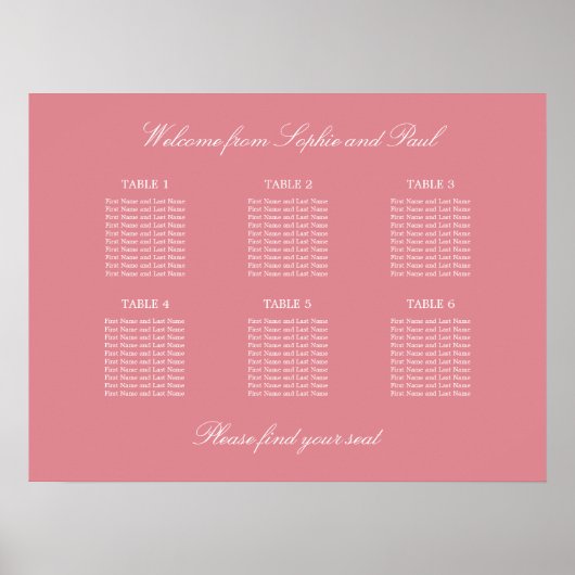 Roze Tafel Stoelen Huwelijk Zitplaats Chart Poster (Voorkant)