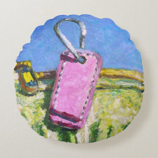Roze Tag Landschap Moderne Abstracte Expressionist Rond Kussen (Voorkant)