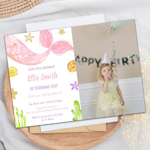 Roze Tail Mermaid Birthday-uitnodigingen met foto Kaart