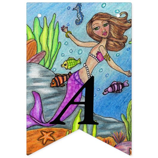  Roze Tailed Verjaardag Zeemeermin in Oceaan Vlaggetjes (Tweede vlag)