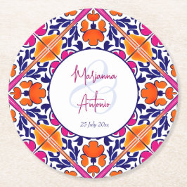 Roze talavera  Mexicaanse bruiloft gunsten Ronde Kartonnen Onderzetter