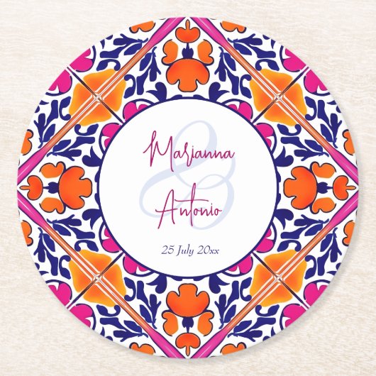 Roze talavera  Mexicaanse bruiloft gunsten Ronde Kartonnen Onderzetter (Voorkant)