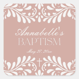 Roze Talavera Tegel Spaans Fiesta Doopgunst Vierkante Sticker